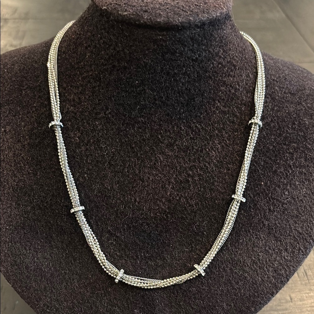 Silver Necklace Signed Dainty Multichain Rhinestone
